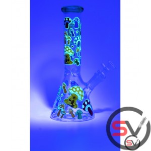 MULTICOLOR MUSHROOM GLASS BEAKER WATER PIPE 10inch (GLOW IN THE DARK)